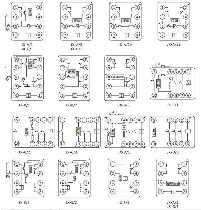 JX-C/2靜態信號繼電器內部接線及外引接線圖（正視圖）