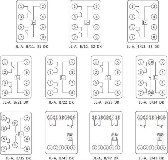 JL-A、B/31 DK無輔源電流繼電器內部接線及外引端子圖（正視圖）