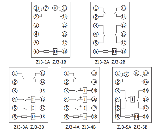 ZJ3-1B快速中間繼電器內部接線圖及外引接線圖(正視圖)